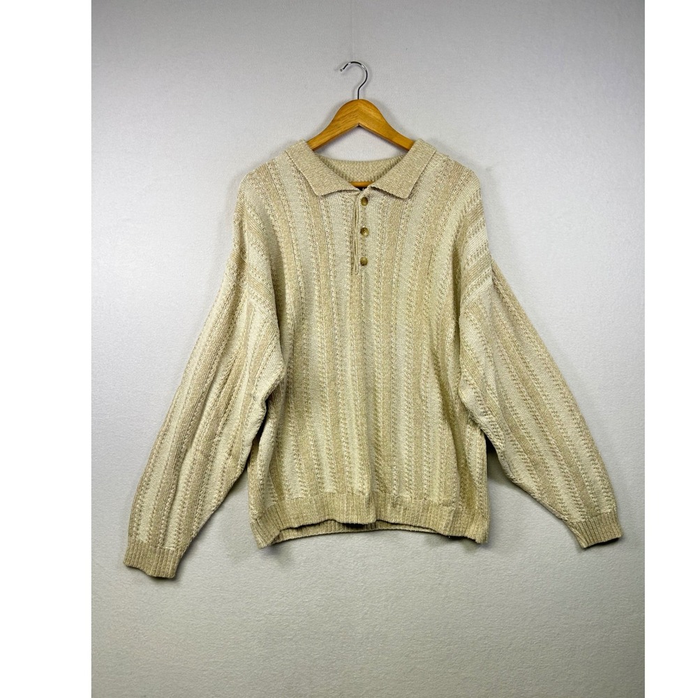 GAS CO. Mens Medium Beige‎ Textured Knit Polo Sweater Long Sleeve Button Neck